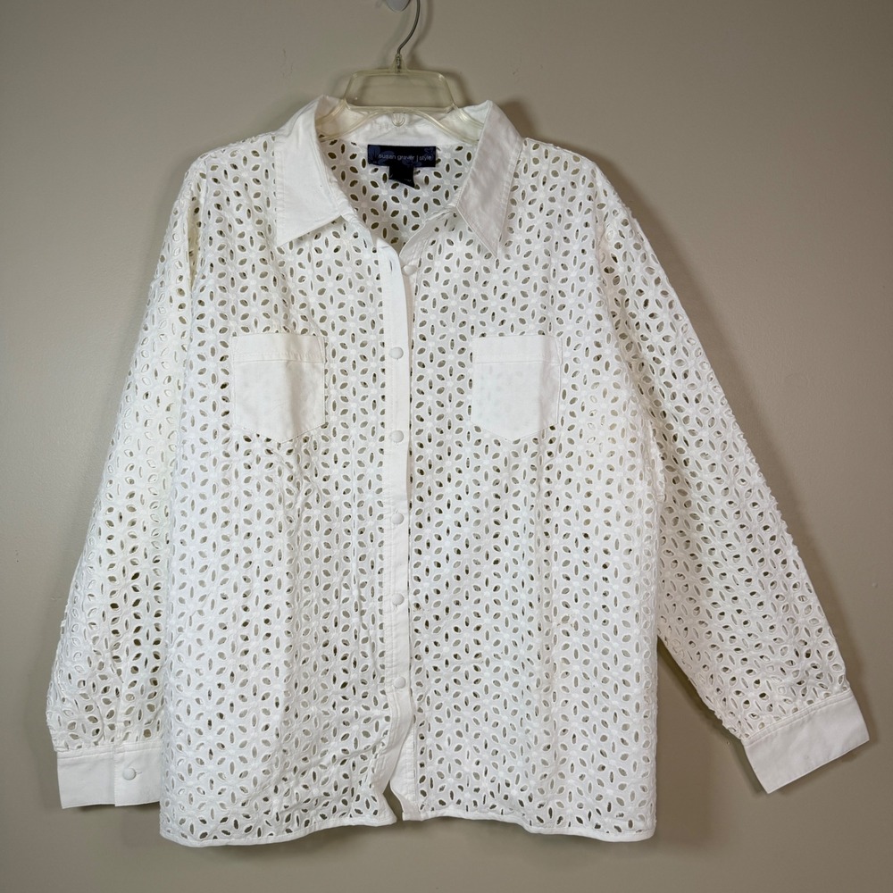 Susan Graver XL Eyelet Button Down Cotton Boho Lace Long Sleeve Cover Up Retro